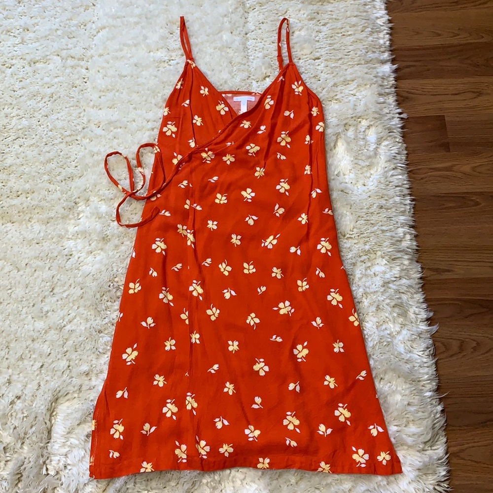 LEITH Anthropologie Orange Floral Wrap Tank Dress-S